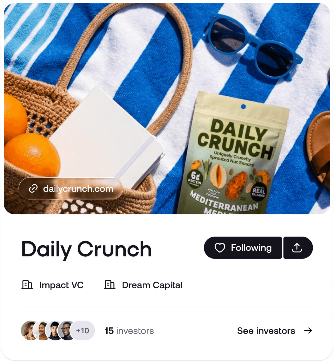 A curated deal card for Cache AI showing the deal image, followers, investors, and co-investing VCs